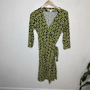 Diane Von Furstenberg Julian Two Yellow Blue Wrap Dress Cotton Silk Womens 8 DVF